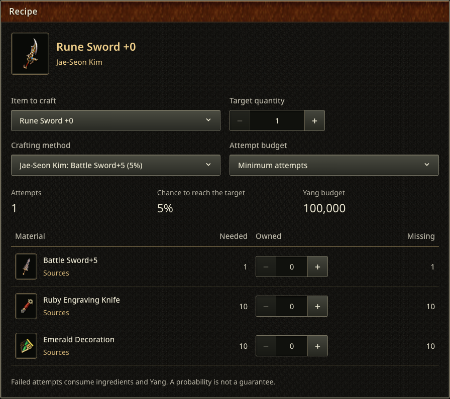 Rune Sword: one attempt at 5%, with a 100,000 Yang fee.