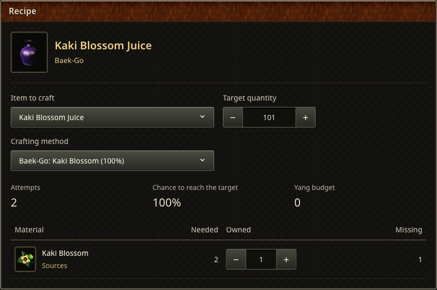 Kaki Blossom Juice: target 101, two batches, one blossom still needed.